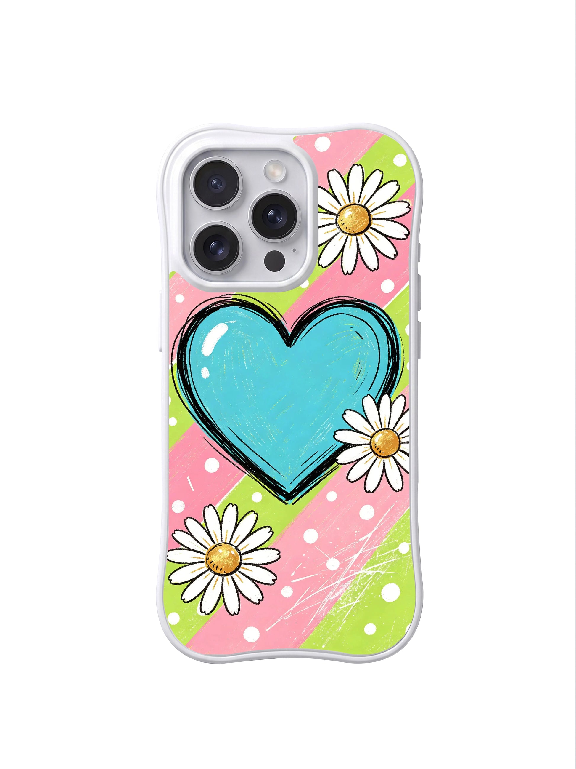 PhoneCasing iPhone 16 pro Case featuring gentle kawaii notebook doodle faint scratch distressed pastel pink & lime diagonal striped backdrop layered oversized glossy hand drawn cyan sketch heart and textured golden center white daisies with tiny white polka dots from Ruby Daze Pastel Daisy Heart Sketch, wavy white frame premium art casing for iPhone 16 pro.