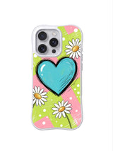 PhoneCasing iPhone 16 pro Case with full-coverage balanced soft pastel pink-lime striped polka dot layout oversized glossy hand sketched cyan heart naturally scattered white daisy design delivering gentle innocent kawaii mood without loud harsh saturation, Ruby Daze soft cheerful feminine design, slim lightweight wavy premium case.