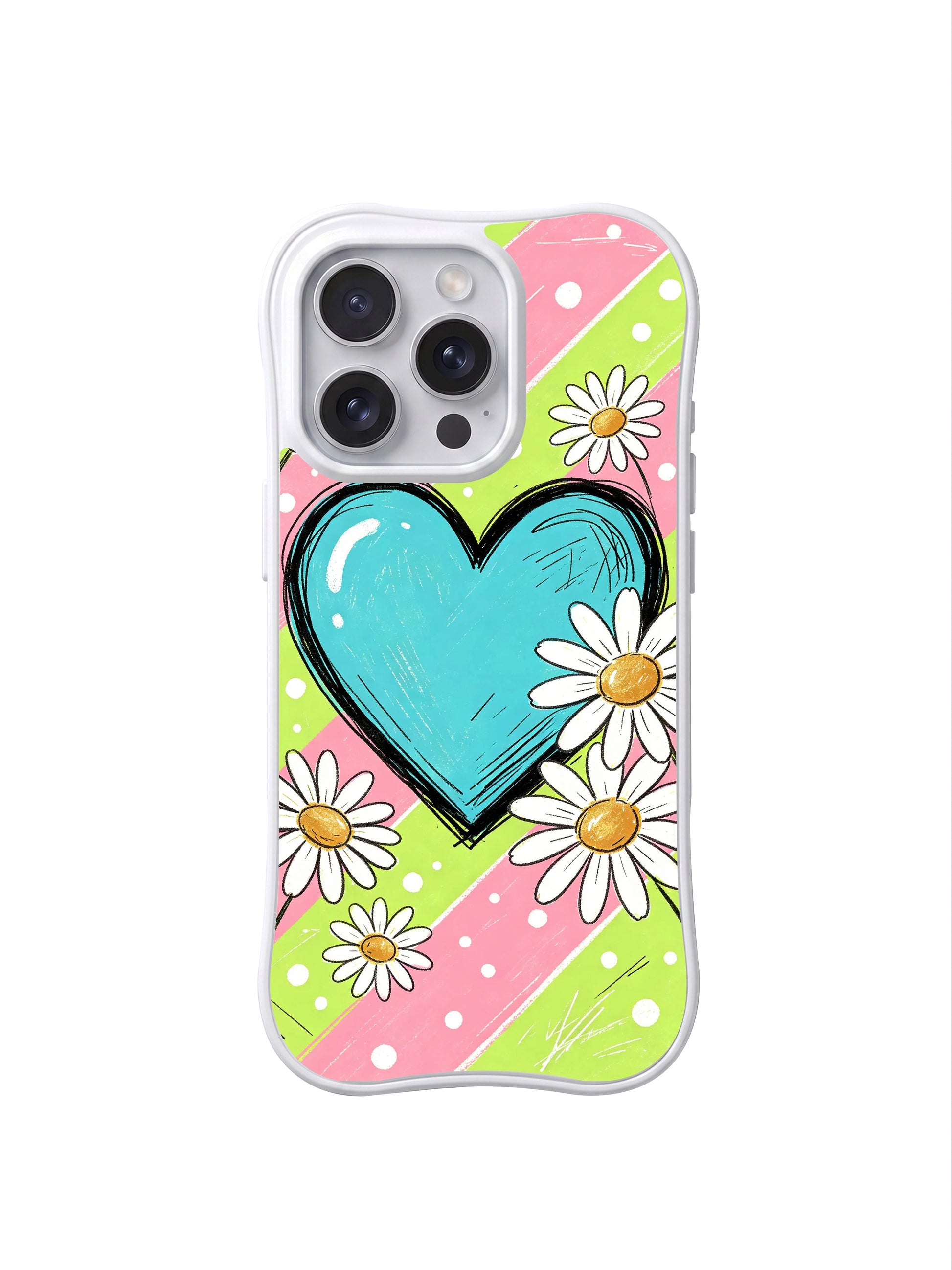 PhoneCasing iPhone 16 pro Case with large glossy shaded turquoise sketch heart as core focal element and soft outlined white daisies with textured golden centers plus tiny uniform white polka dots adding light cute detail to mild pastel stripe backdrop, Ruby Daze gentle cheerful pop floral art, scratch resistant wavy casing.