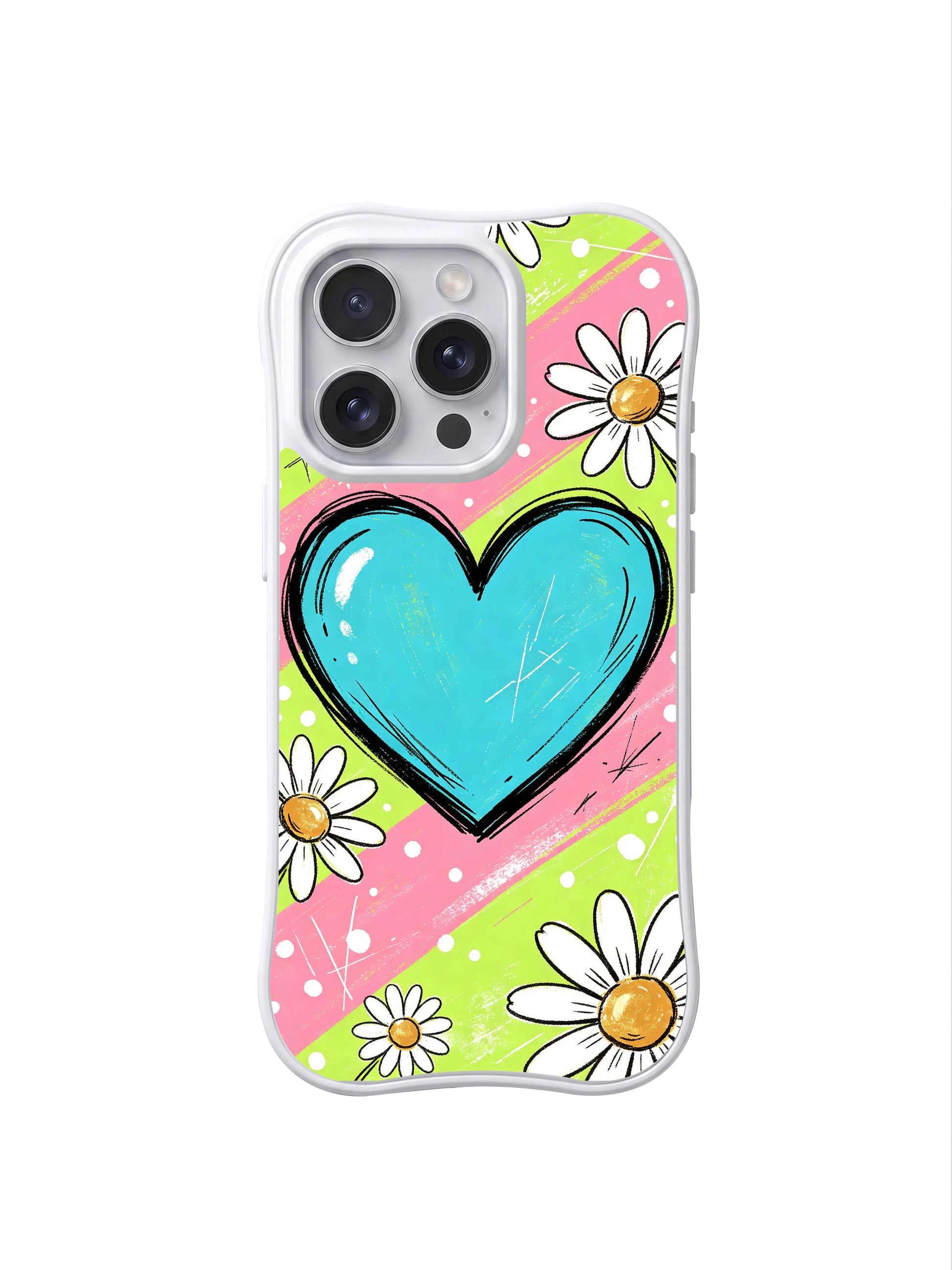PhoneCasing iPhone 16 pro Case with loosely scattered hand outlined white daisy blooms naturally surrounding the oversized glossy turquoise sketch heart across soft pink-lime pastel polka dot stripes, quiet cheerful Ruby Daze Pastel Daisy Heart Sketch kawaii floral design, stylish women’s phone casing.