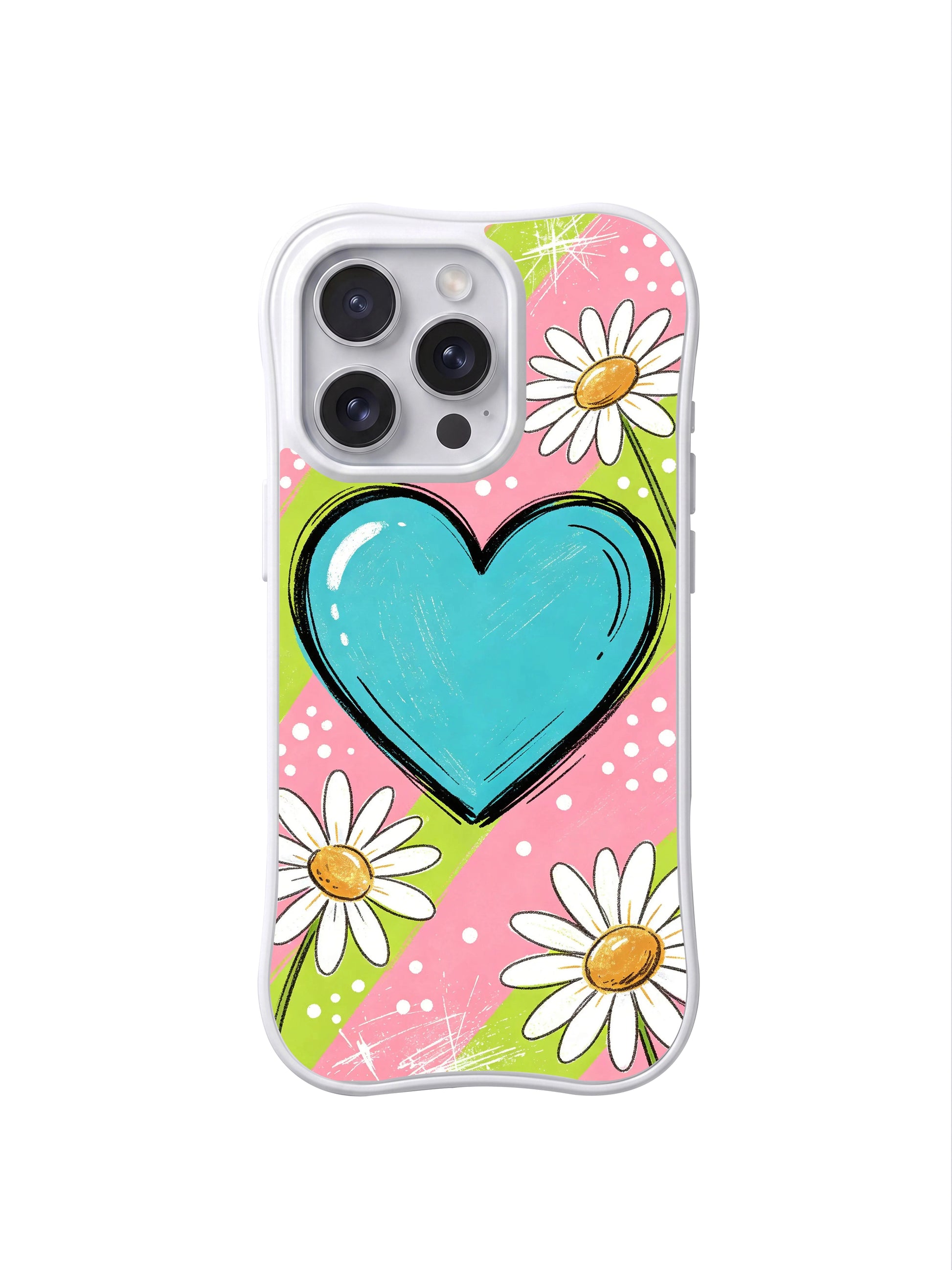 PhoneCasing iPhone 16 pro Case themed on soft uncomplicated gentle cheer, innocent dreamy youthful romance and laid-back sweet kawaii femininity with pastel diagonal stripe giant cyan sketch heart scattered white daisy tiny polka dot graphics, Ruby Daze Daisy Love Riot printed wavy art casing.