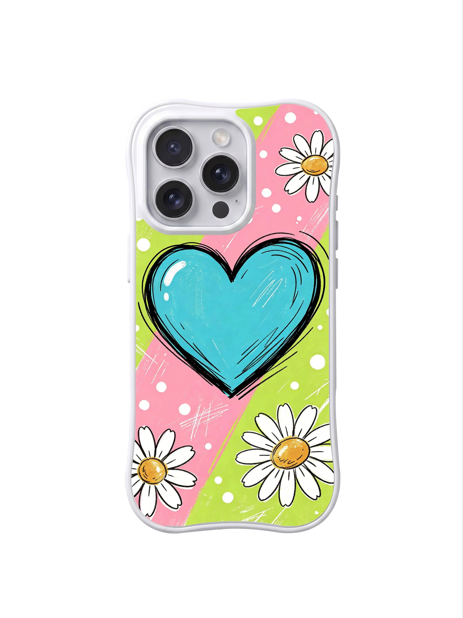 PhoneCasing iPhone 16 pro Case with imperfect organic rough uneven marker sketch outlines for white daisy petals adding playful handmade counterbalance to smooth soft pastel stripe polka dot backdrop, Ruby Daze cute notebook doodle pop art, gallery grade wavy print casing.