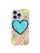 PhoneCasing iPhone 16 pro Case with soft uneven hand washed pastel blush pink & fresh lime green diagonal stripes evenly filled with small clean white polka dots crossing the whole canvas, paired with the large central glossy sketch cyan heart and naturally scattered outlined white daisy blooms, Ruby Daze cute kawaii floral illustration, tough premium phone casing.