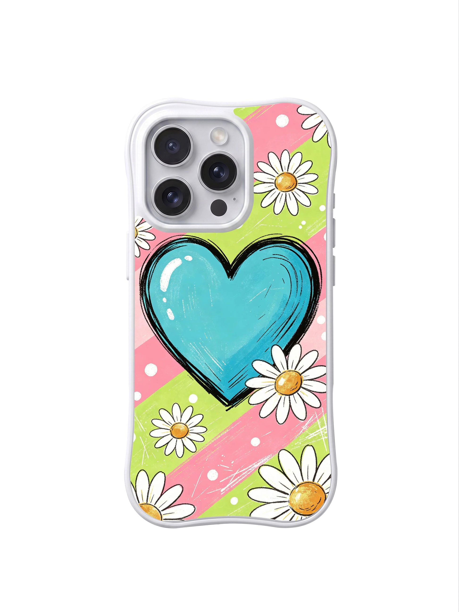 PhoneCasing iPhone 16 pro Case combining gentle soft pastel stripe sweetness and subtle playful rough marker sketch hand-drawn texture, Ruby Daze Pastel Daisy Heart Sketch signature cute kawaii pop print, premium wearable wavy white soft cheerful floral casing.
