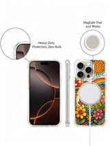 Small spotted fungi between flower petals artwork on an iPhone 16 Pro Max case