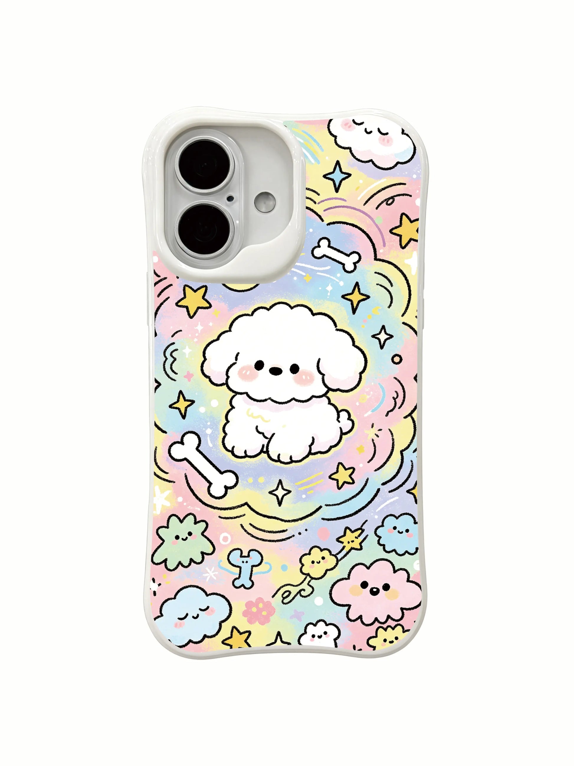 PhoneCasing pastel dream iPhone 16 Plus Case, full-cover illustration from Milo Yun’s Cloud Dog Dreamland series.