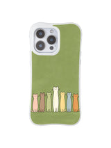 PhoneCasing iPhone 16 Pro Max featuring Pastel Forest Felines, colorful kitties bringing a light fairy-tale vibe to a calm green background.