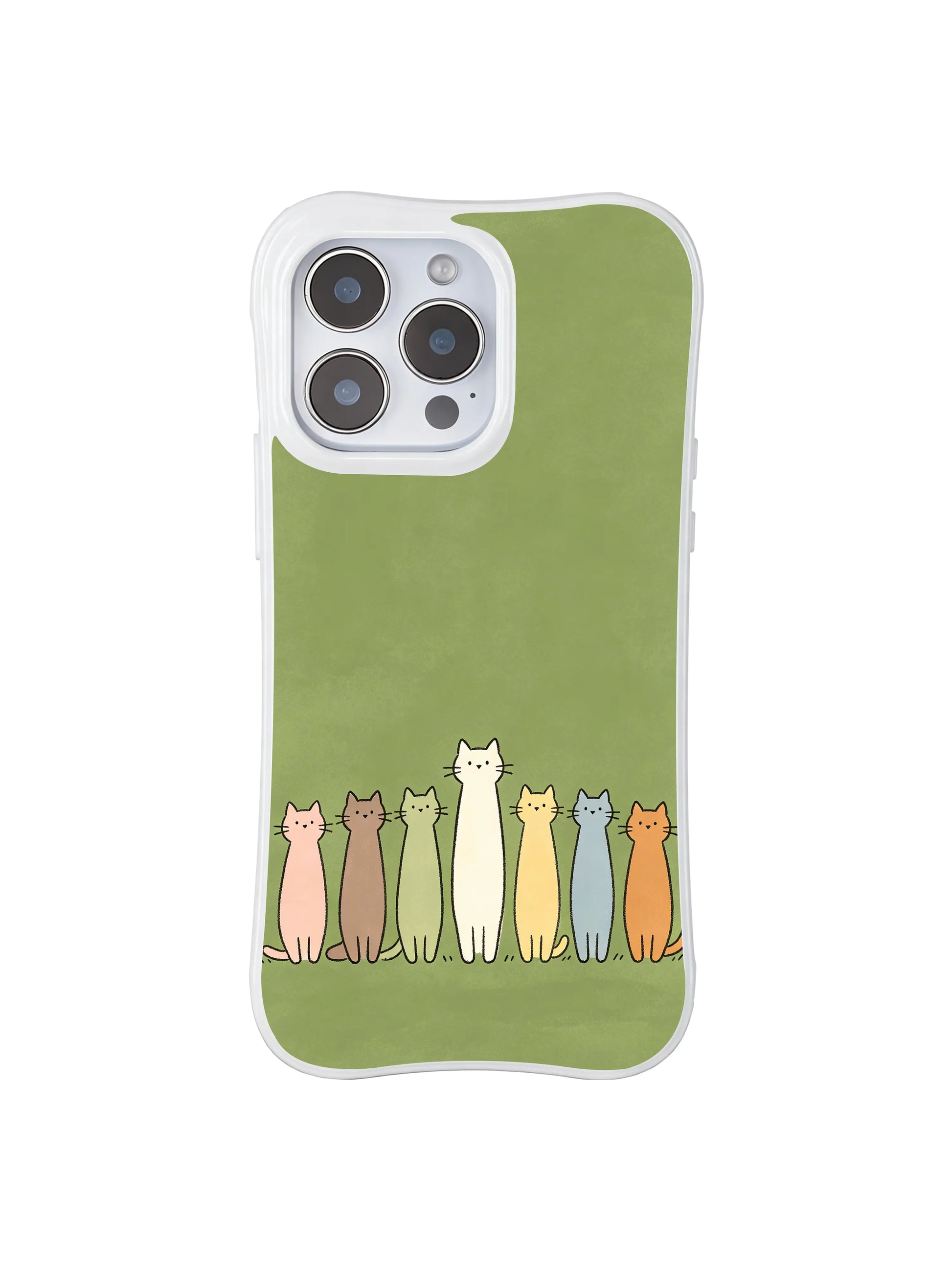 PhoneCasing iPhone 16 Pro Max featuring Pastel Forest Felines, colorful kitties bringing a light fairy-tale vibe to a calm green background.