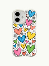 PhoneCasing pastel heart shower iPhone 16 plus case, soft pink blue yellow heart arrangement, slim-fit iphone 16 plus casing with precise port cutouts.