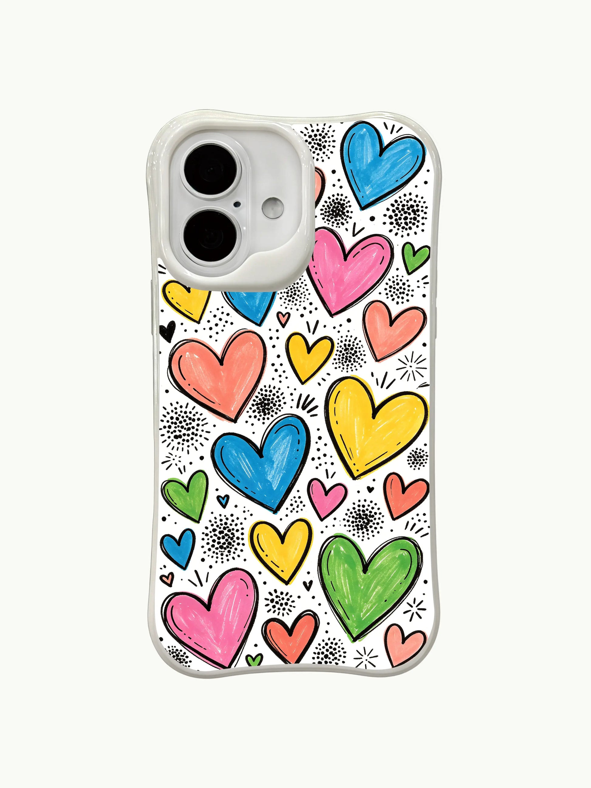 PhoneCasing pastel heart shower iPhone 16 plus case, soft pink blue yellow heart arrangement, slim-fit iphone 16 plus casing with precise port cutouts.