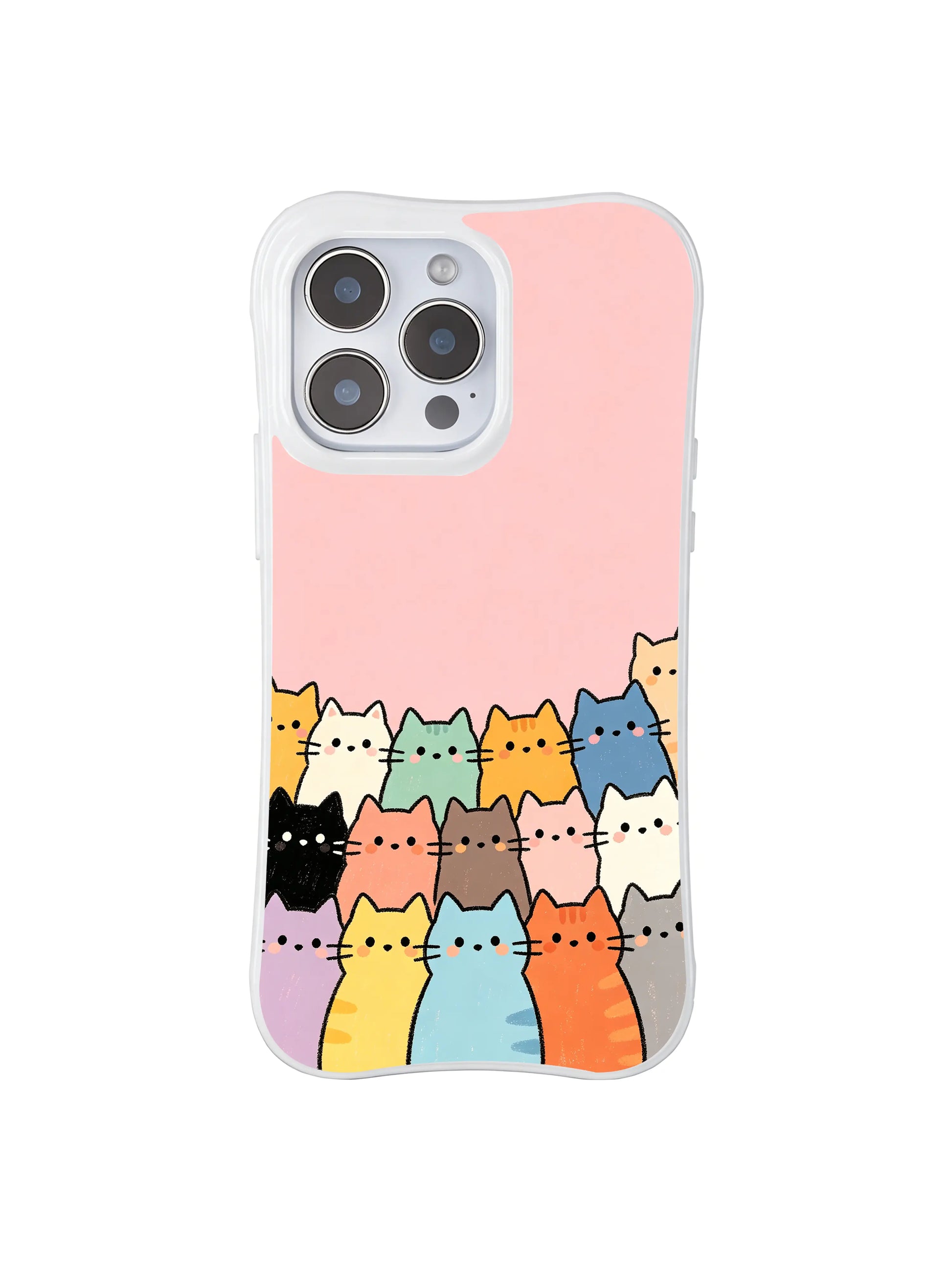 PhoneCasing iPhone 16 Pro Max with Pastel Kitten Colony design, a crowd of colorful cats gathering at the bottom in a playful, minimal style.