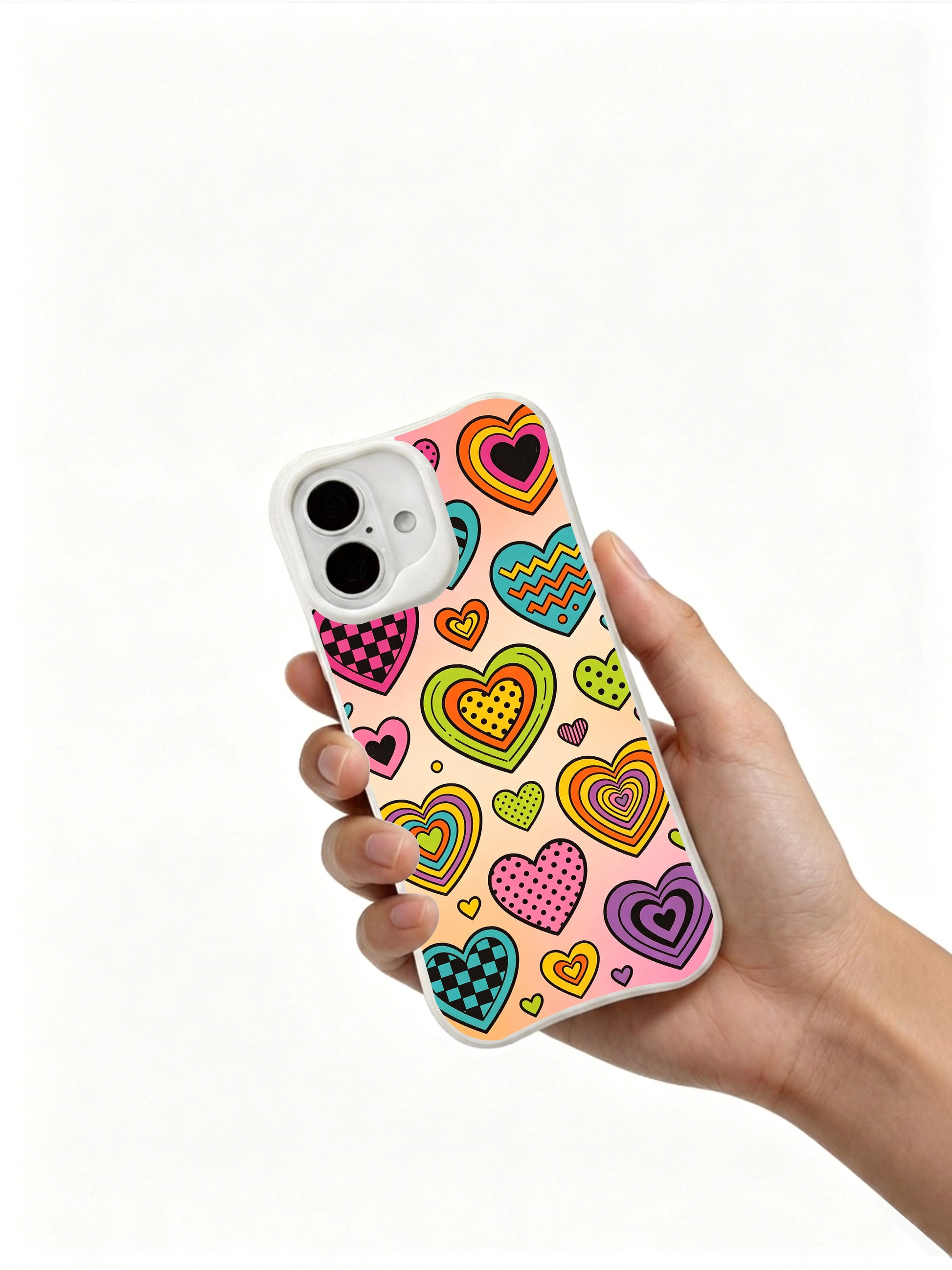 PhoneCasing pastel patchwork hearts iPhone 16 plus case, whimsical retro design, scratch-resistant protective cover with fade-resistant print.