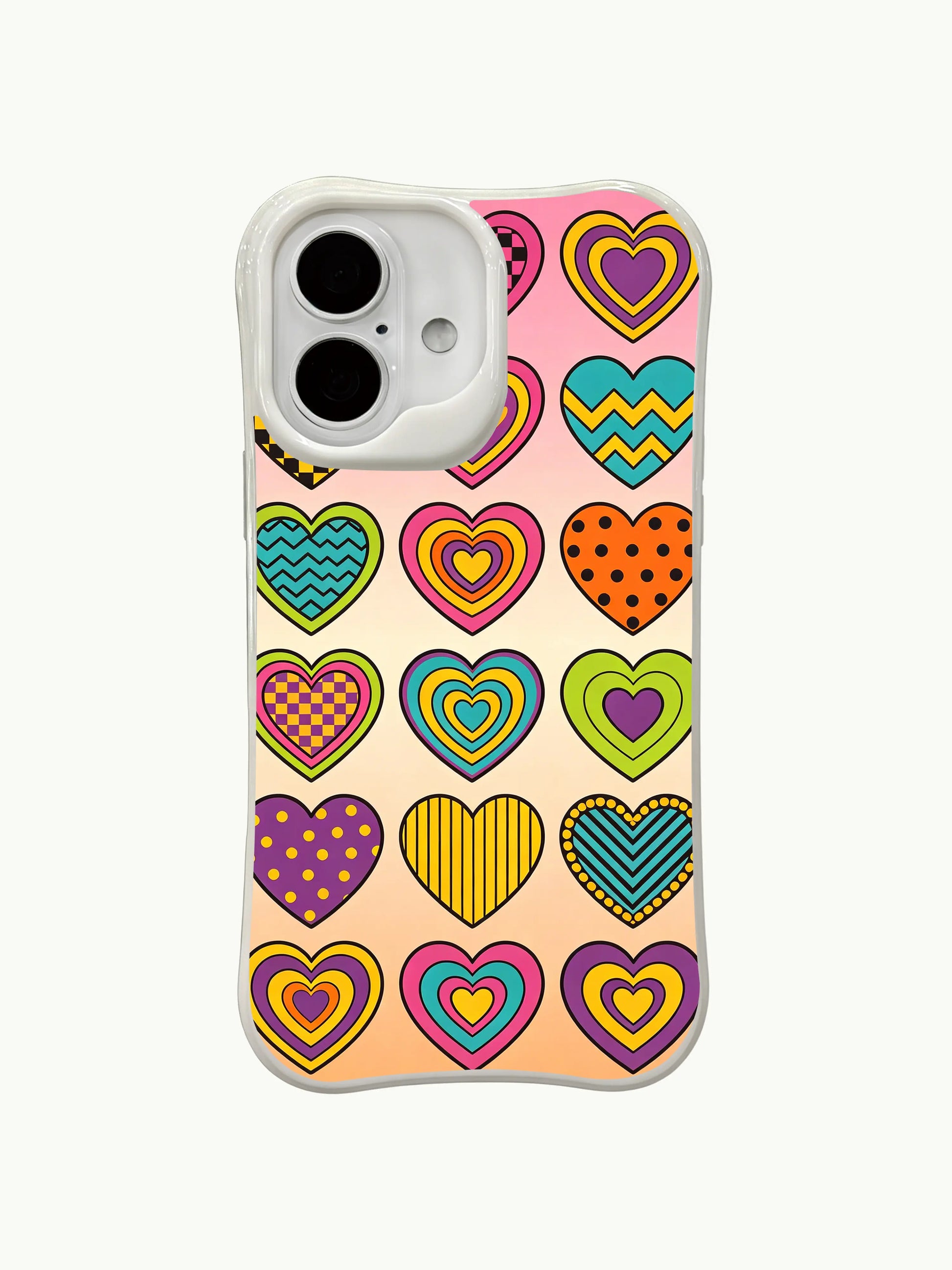 PhoneCasing pastel patchwork love iPhone 16 plus case, unique design combining retro patterns and modern sweet-cool aesthetics.