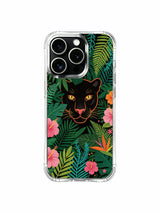 Black panther with pastel pink hibiscus artwork on an iPhone 13 Pro case