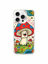 Mushroom garden with a pastel pink swirl note artwork on an iPhone 16 Pro Max case