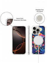 PhoneCasing iPhone 16 pro max Case, exclusive limited collab art casing with assorted tiny dotted toadstool grouping lining lower border against rich dark blue starry night backdrop, UV-printed gallery printed anti-shock casing
