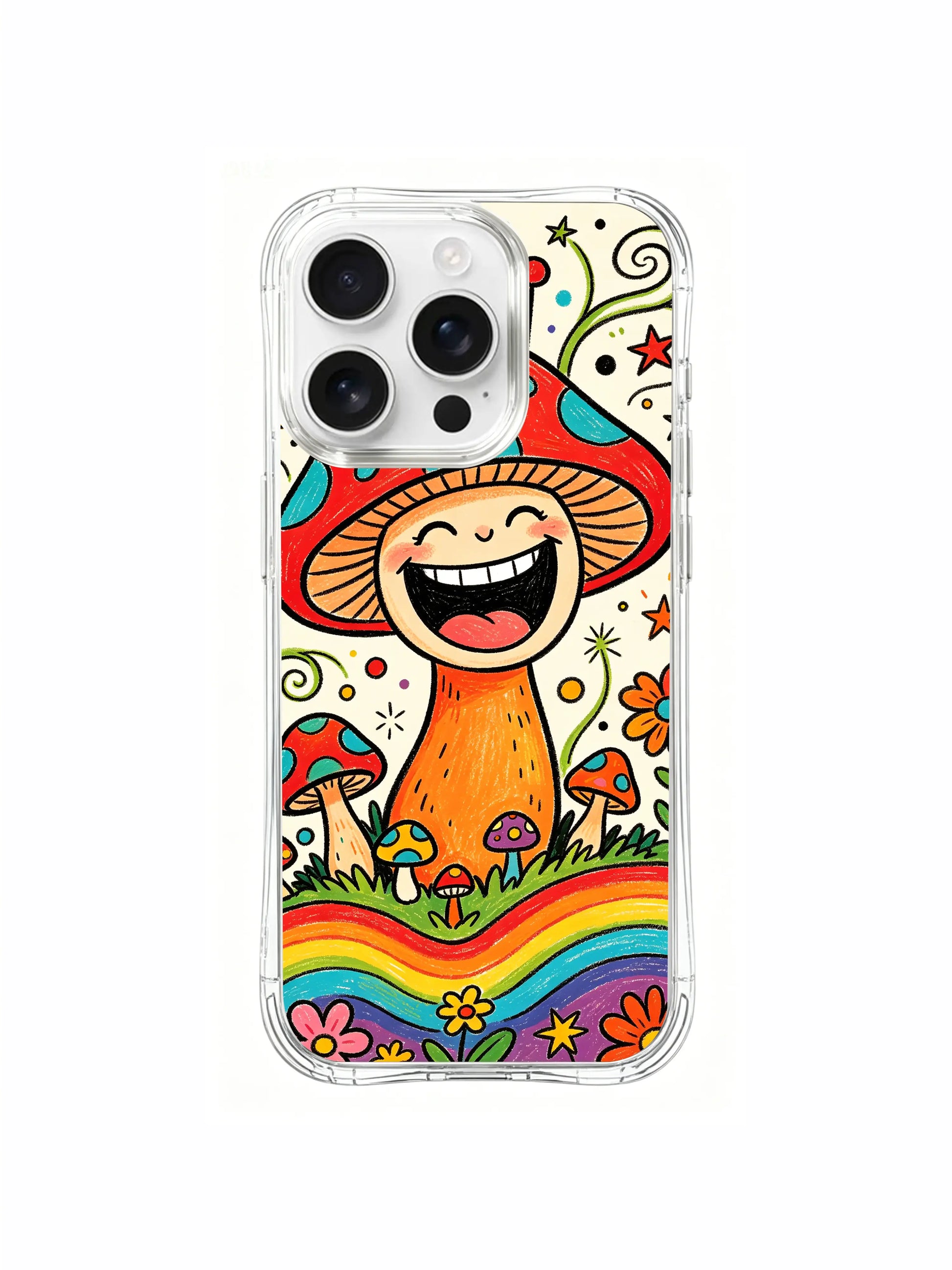 PhoneCasing iPhone 16 pro max Case, soft pastel rainbow stripe fine art casing featuring Luna Moss’s signature laughing mushroom king design, premium artist printed California crafted luxury phone casing