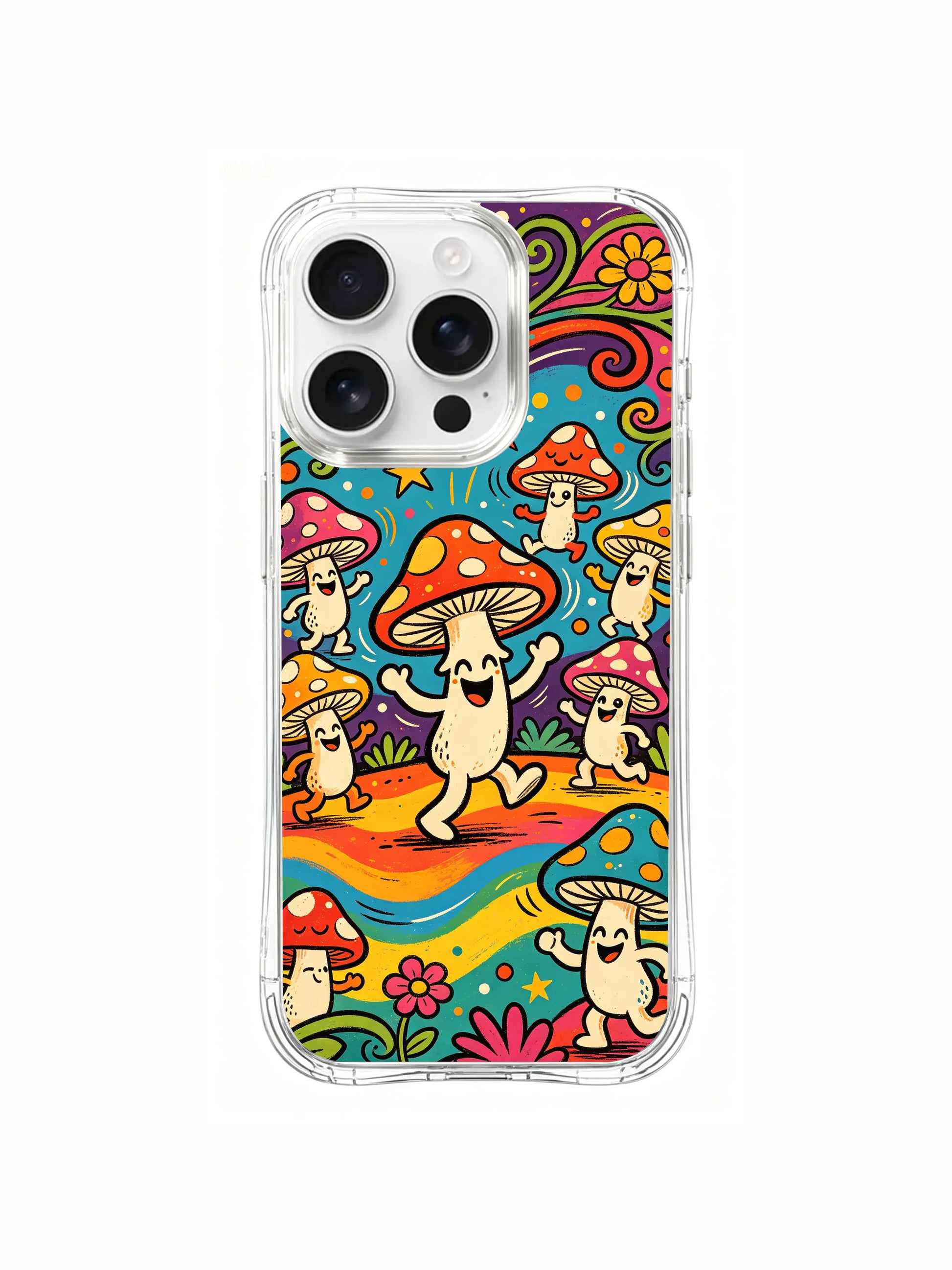 PhoneCasing iPhone 16 pro max Case, dreamy folk art casing with pastel star sparkles scattered on dark soil surrounding interconnected dancing fungi, limited collab anti-scratch premium casing