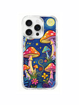 PhoneCasing iPhone 16 pro max Case, dreamy folk art casing with bright star sparkles scattered across deep navy night sky surrounding glowing amanita colony, limited collab anti-scratch premium casing