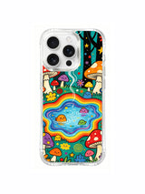 Pastel stars over a teal fantasy woodland artwork on an iPhone 16 Pro Max case