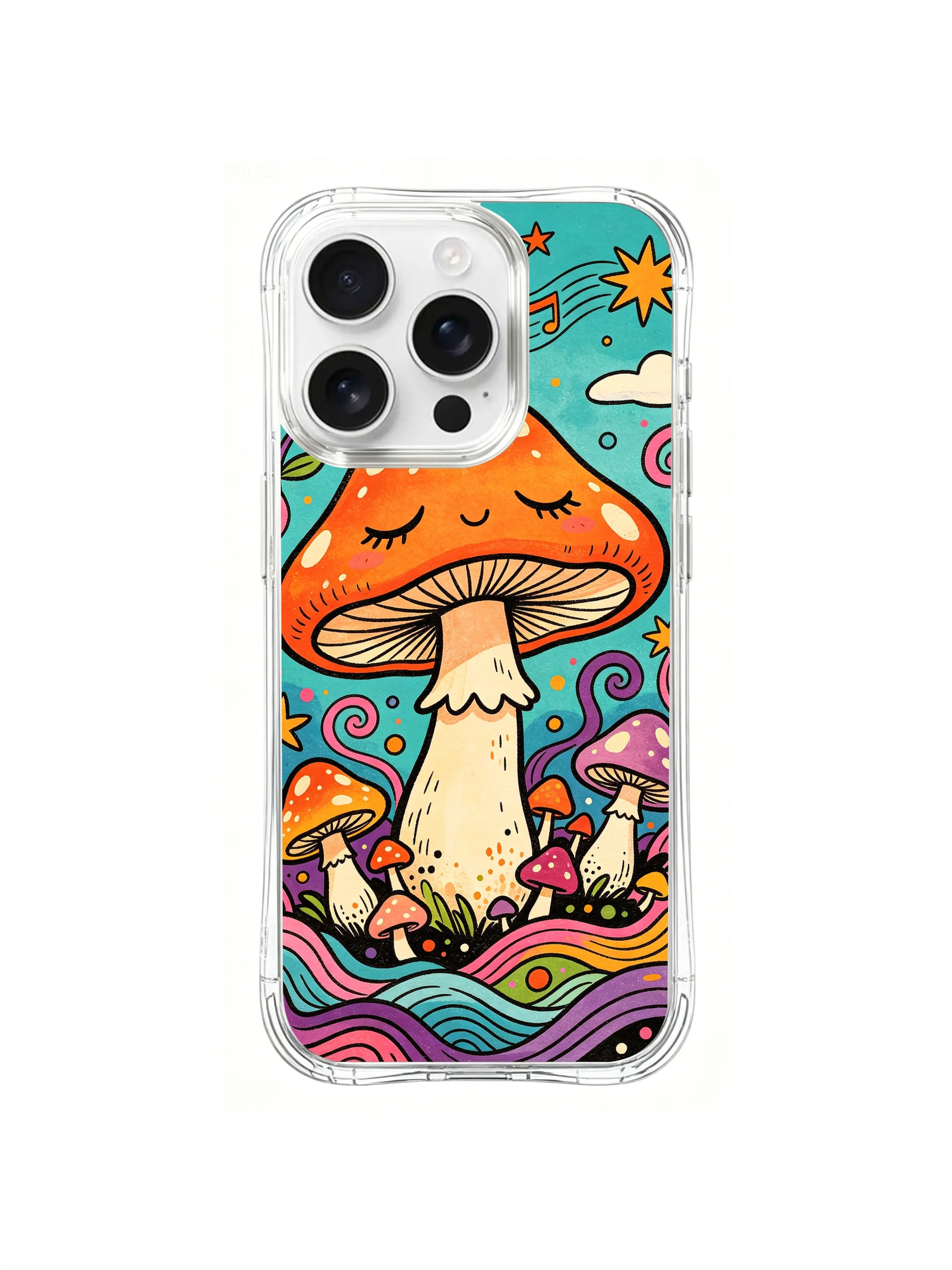 PhoneCasing iPhone 16 pro max Case, dreamy folk art casing with pastel star sparkles scattered across turquoise dream sky surrounding sleeping amanita cluster, limited collab anti-scratch premium casing
