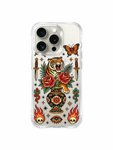 PhoneCasing iPhone 15 pro Case fully decorated folk-style vase, single left dagger, one flaming skull and scattered mini stars, premium wearable art clear iPhone 15 pro casing.
