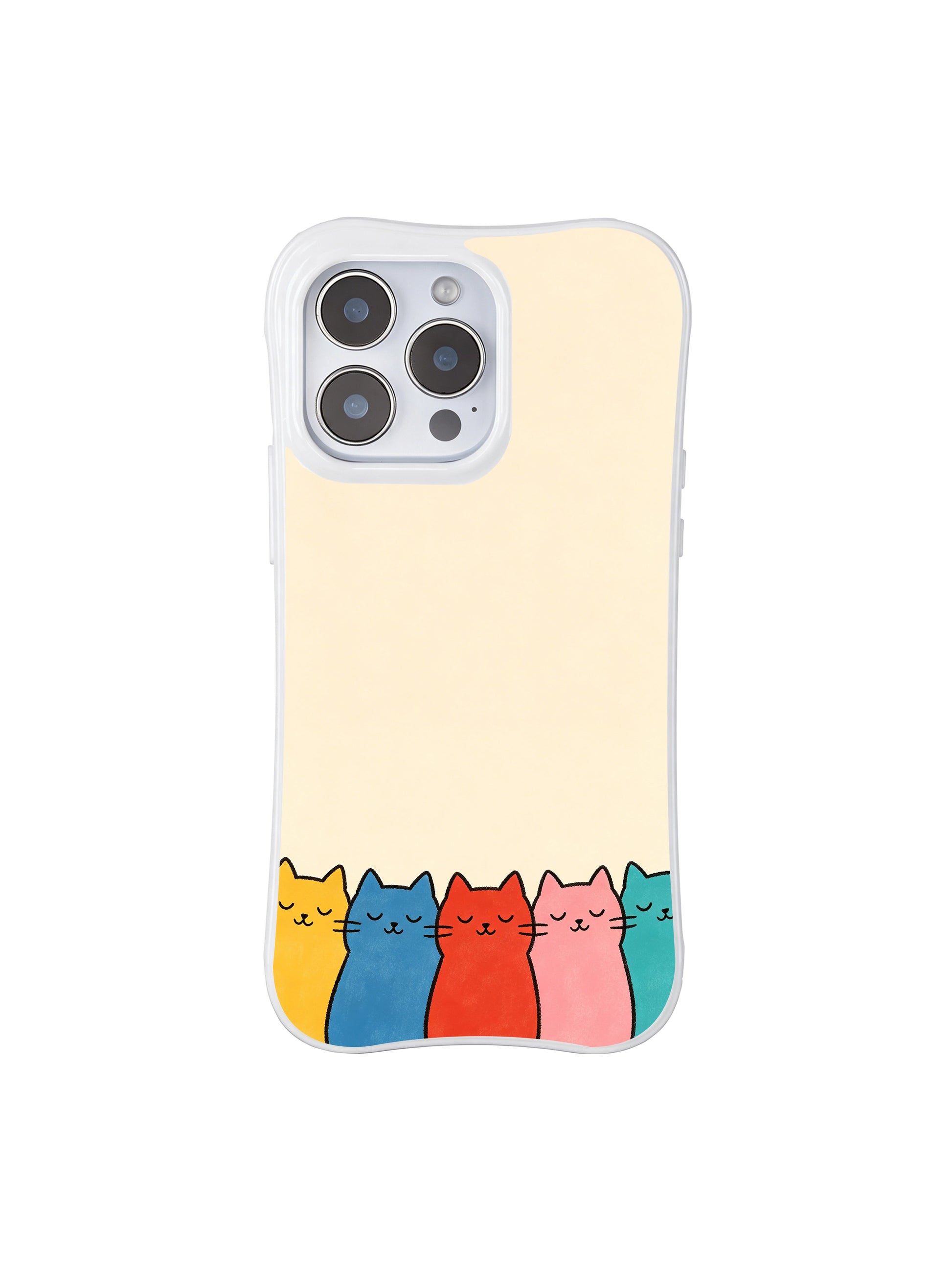 PhoneCasing iPhone 16 Pro Max featuring Peach Cat Stack art by Mimi Colorfield, playful colorful cats stacking together against a soft cream background.