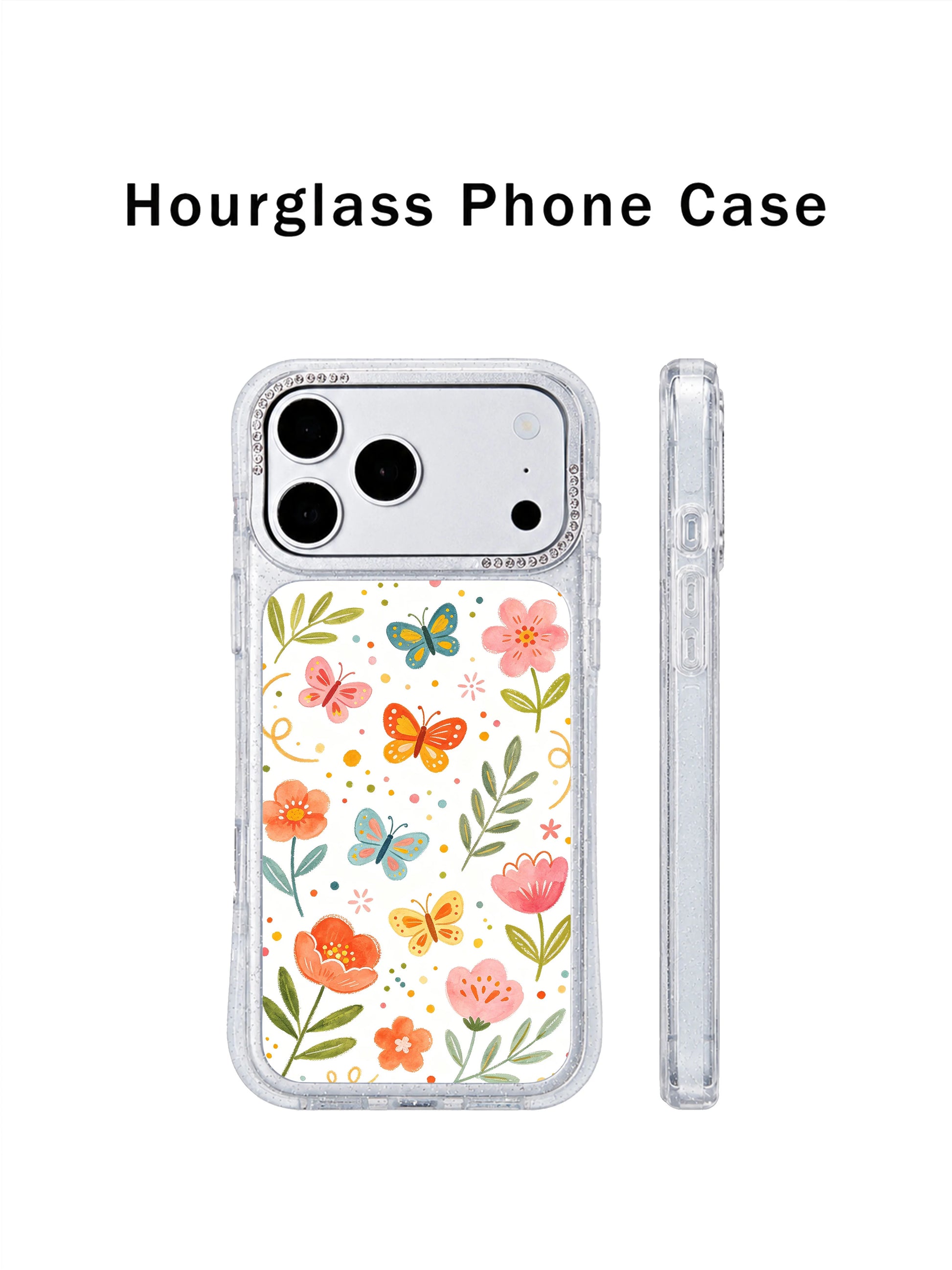 PhoneCasing raised scratch-proof lens guard iphone 17 pro Max case centered on soft peach wildflower blooms, layered festive confetti dots and fluttering butterflies blocking flat surface camera abrasion.
