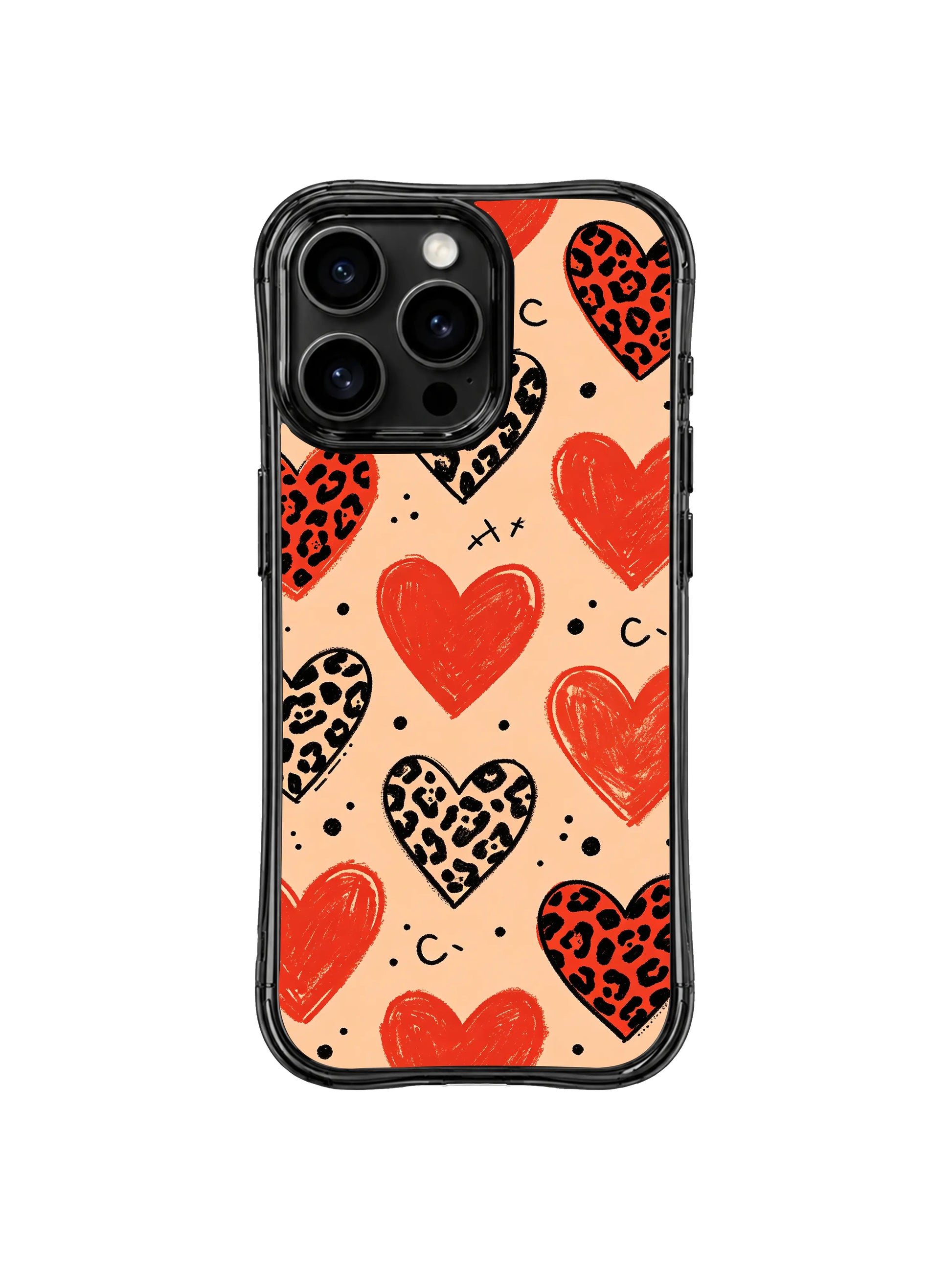 Lifestyle handheld shot of PhoneCasing peach heart leopard iPhone 14 Pro Case, held by female model showcasing soft edgy daily fashion aesthetic