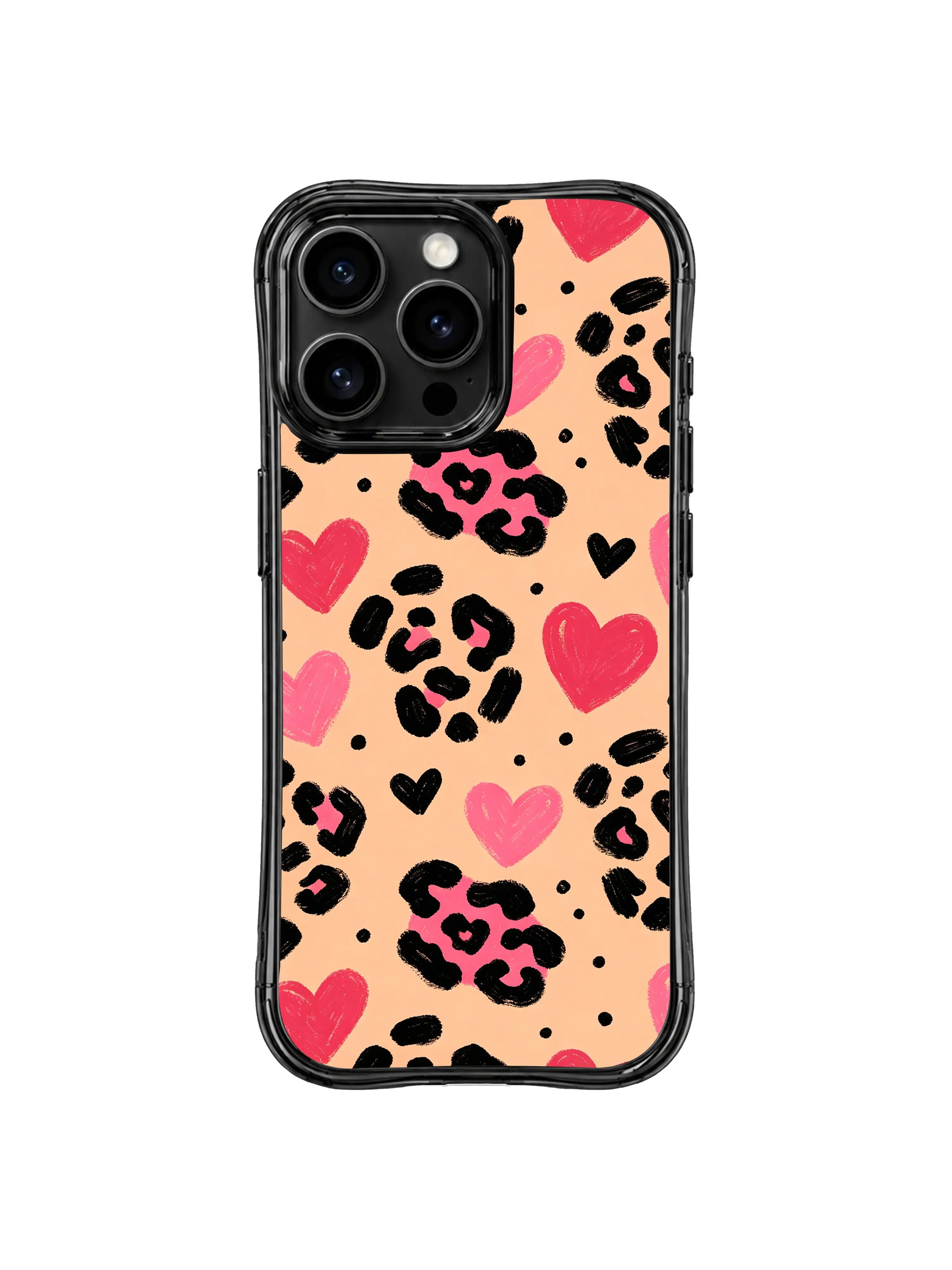 Real-life lifestyle handheld shot of PhoneCasing peach heart leopard iPhone 14 Pro Case, held by female model showcasing fun cheerful youthful aesthetic for casual everyday street fashion accessorizing