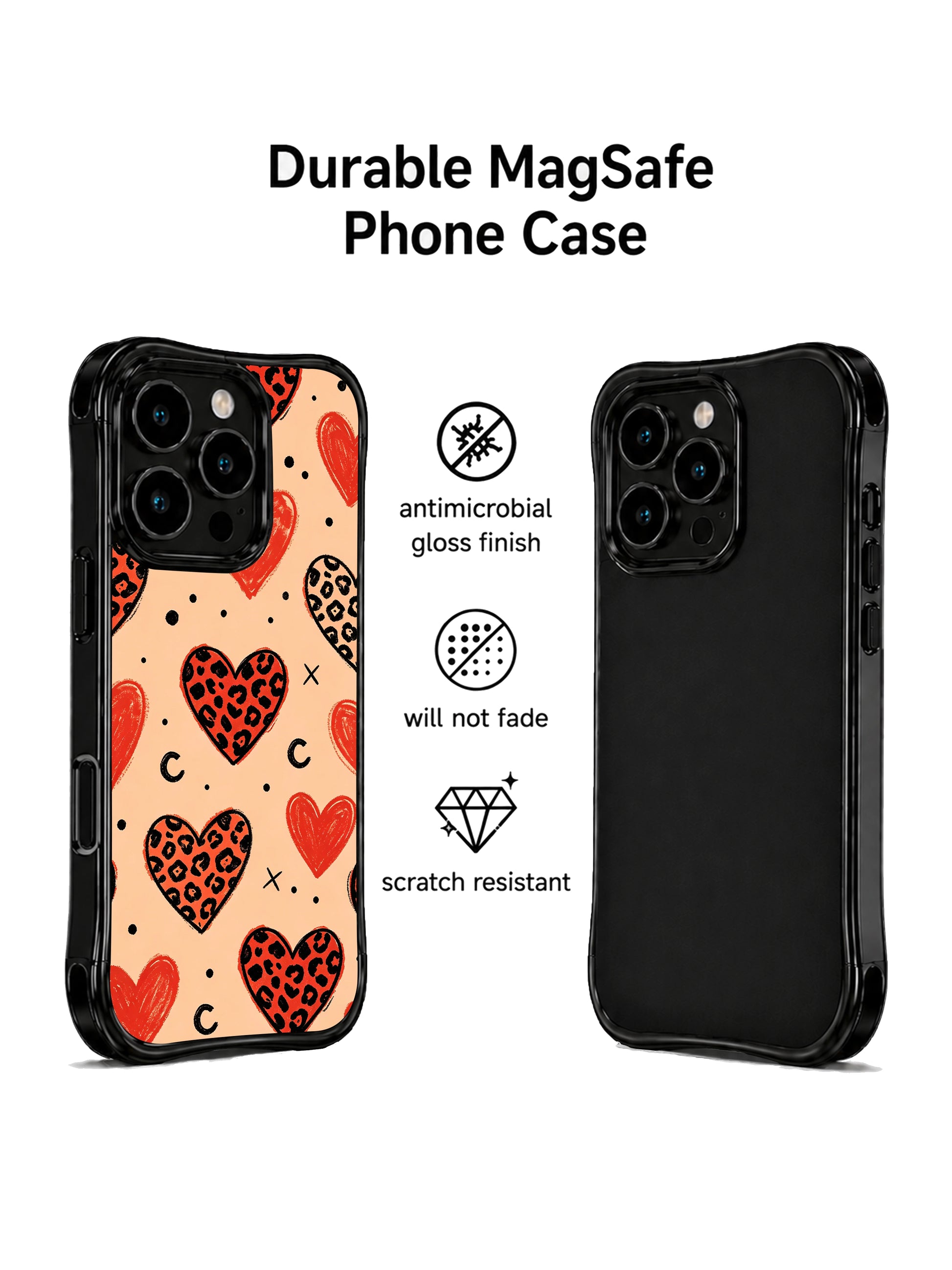 Close-up texture shot of PhoneCasing Peach Heart Wasteland iPhone 14 Pro Case, rough brushstroke red hearts mixed with spotted leopard hearts, scratch-resistant matte art print detail