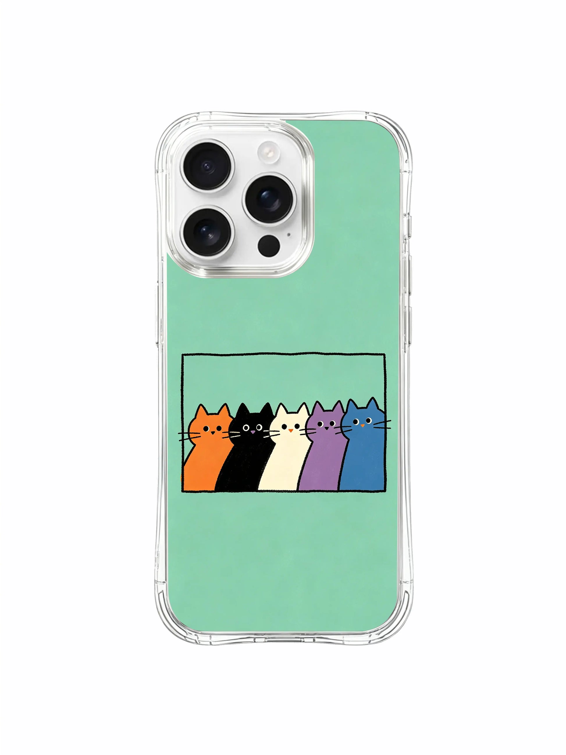 PhoneCasing iPhone 16 Pro Max with Peeking Cats design, minimalistic cat figures in bold colors popping out of a line frame on a fresh mint backdrop.