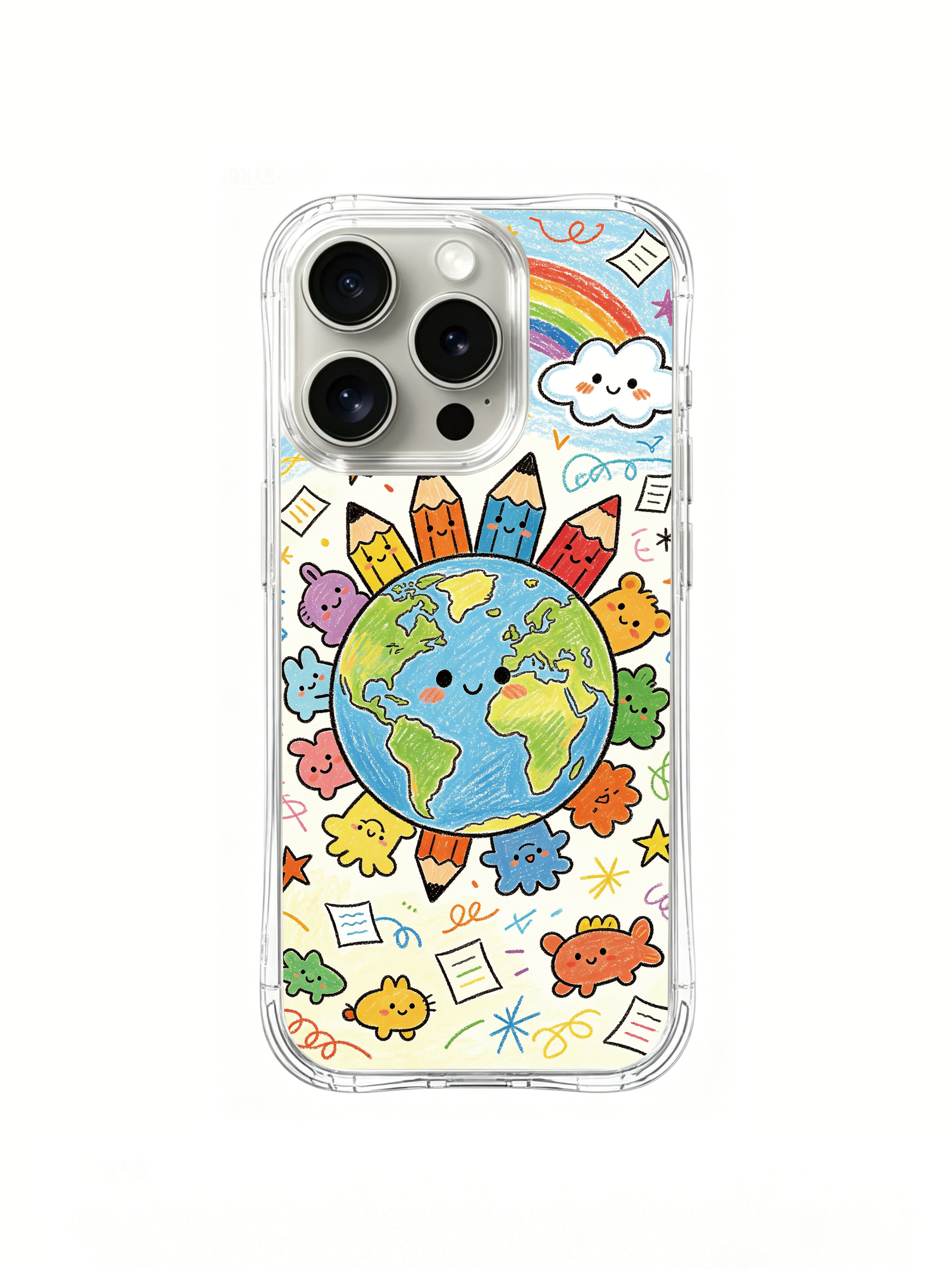 PhoneCasing iPhone 16 Pro Case with little friends on pencil planet art, playful Milo Yun design, premium stylish phone casing for women.