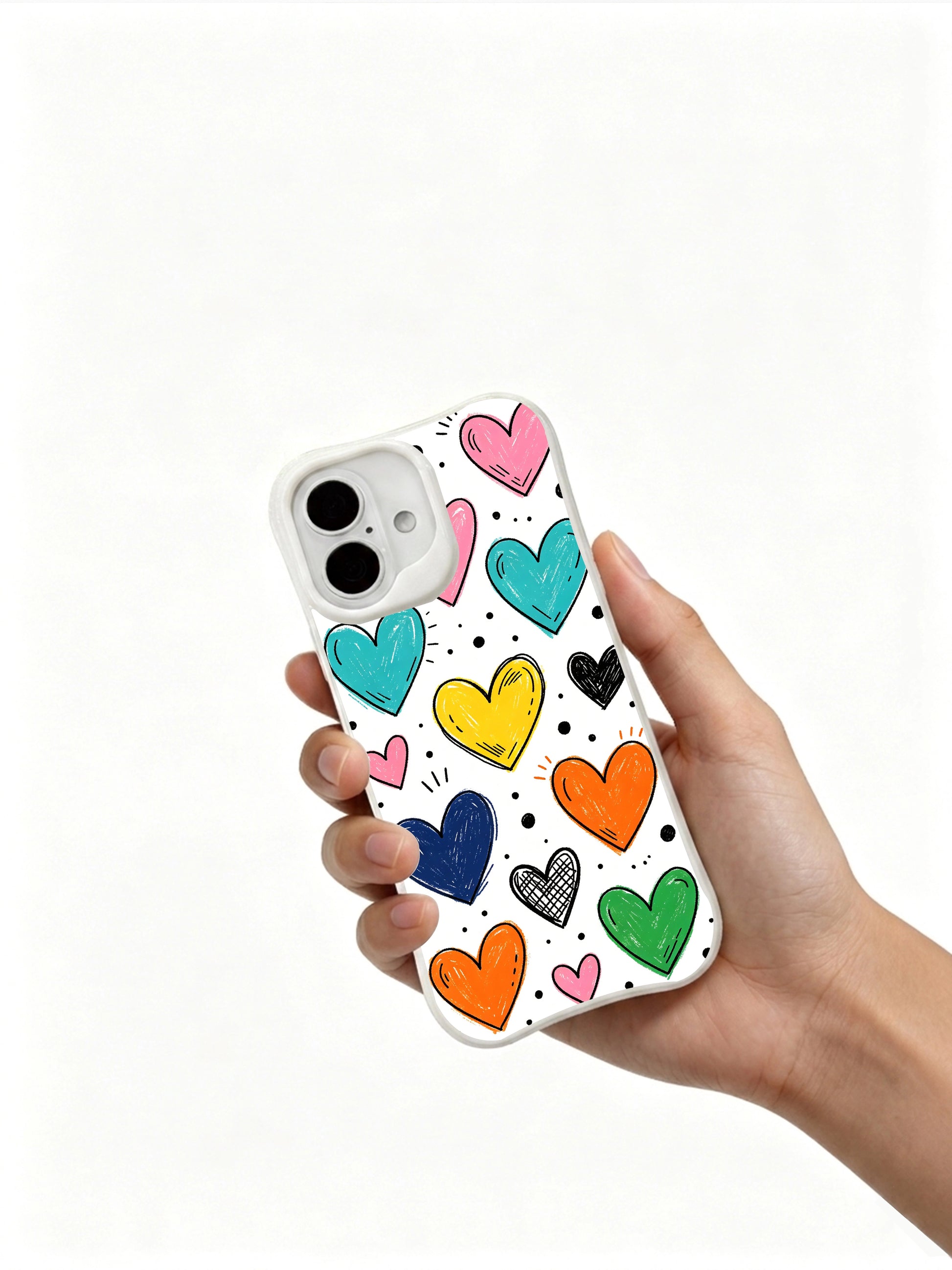PhoneCasing Pencil Stroke Hearts Case for iPhone 16 Plus, a playful iPhone 16 plus casing with textured hand-drawn hearts and doodle details.