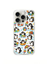 Penguin character circle artwork on an iPhone 16 Pro case