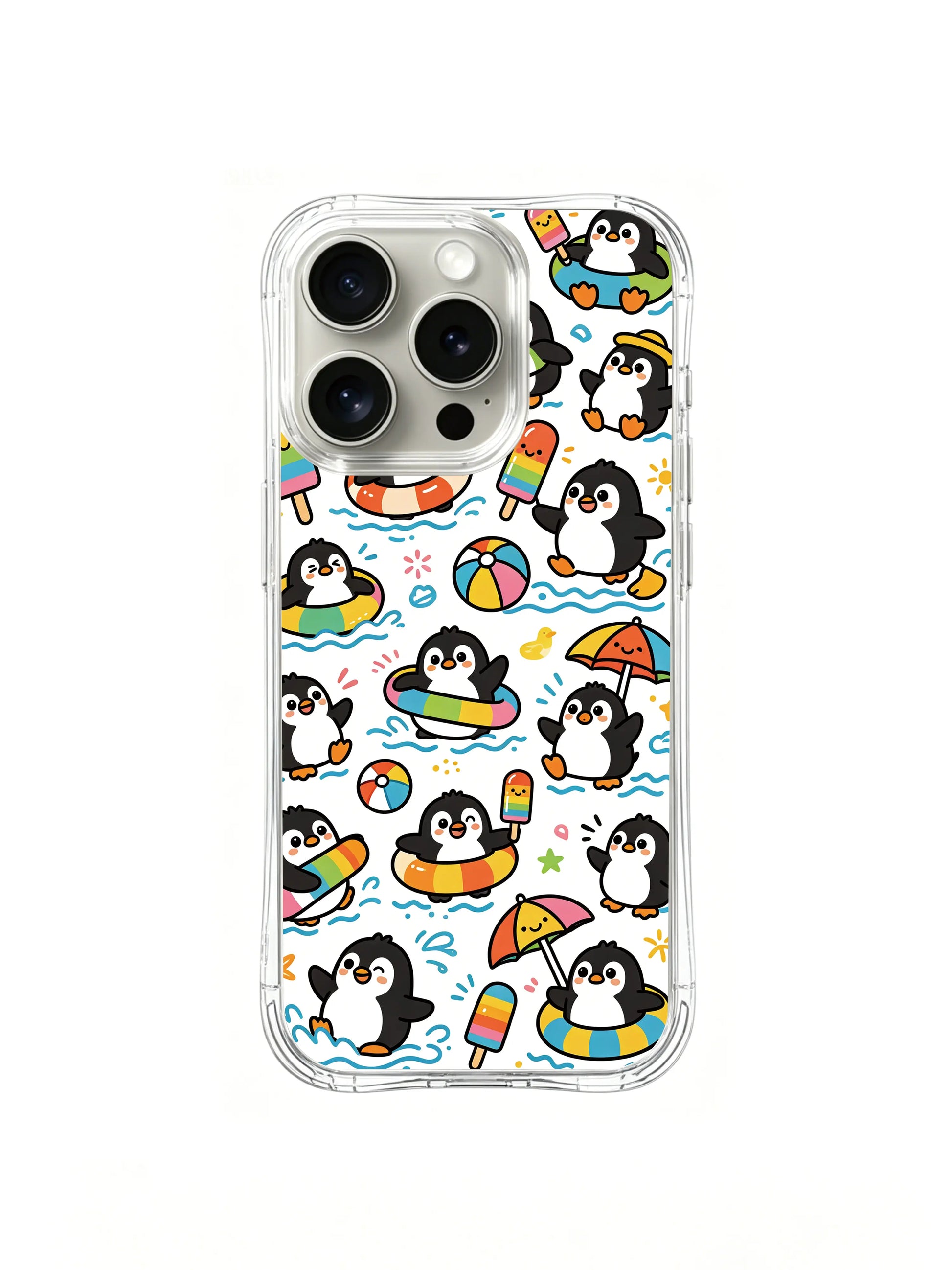 PhoneCasing iPhone 16 Pro Case with penguin character circle illustration, Milo Yun’s Penguin Summer series, gallery-quality print.