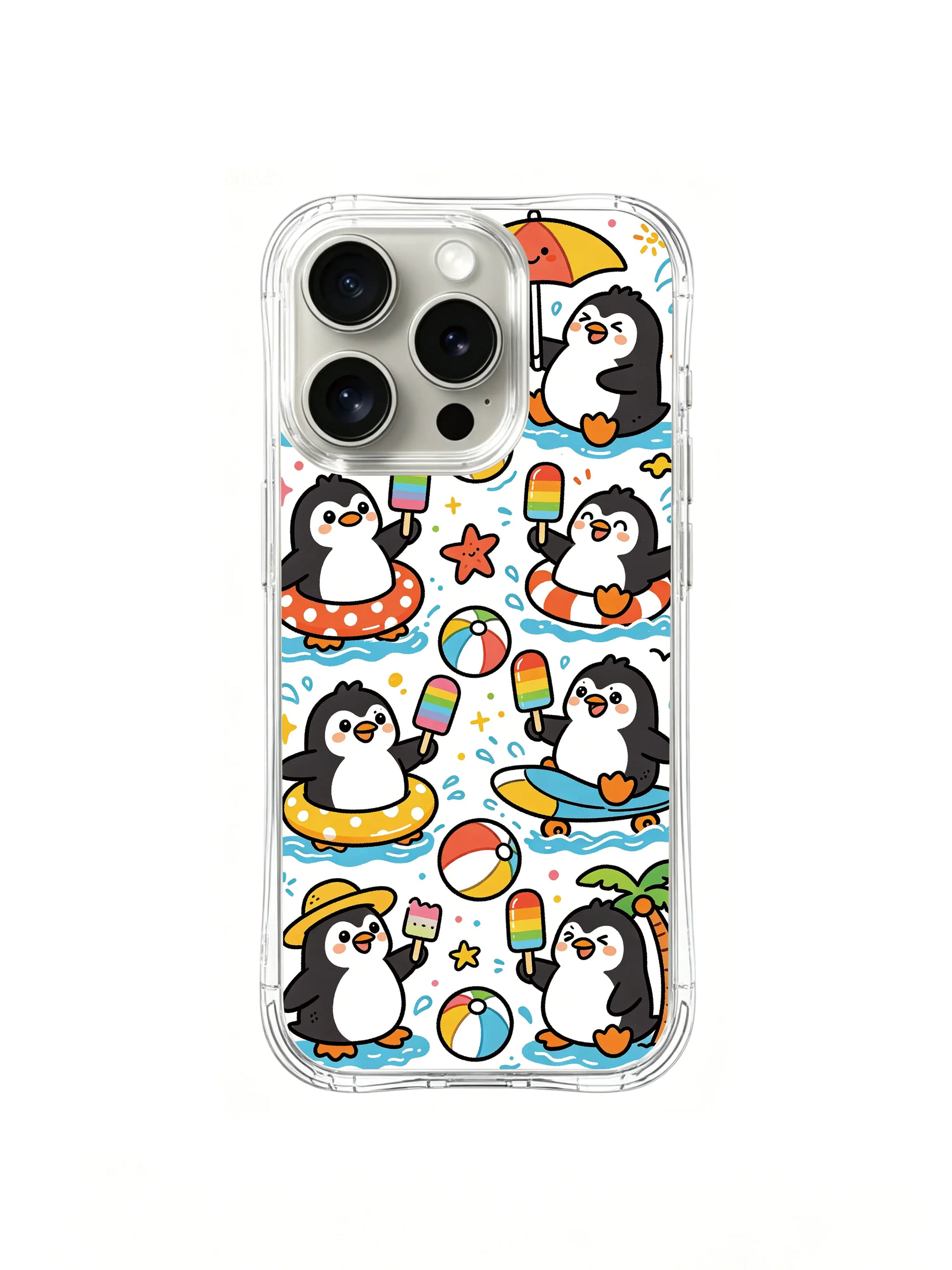 PhoneCasing iPhone 16 Pro Case with the cute penguin crew enjoying summer, exclusive Milo Yun design, high-quality printed art casing.