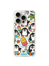 Playful penguin summer artwork on an iPhone 16 Pro case