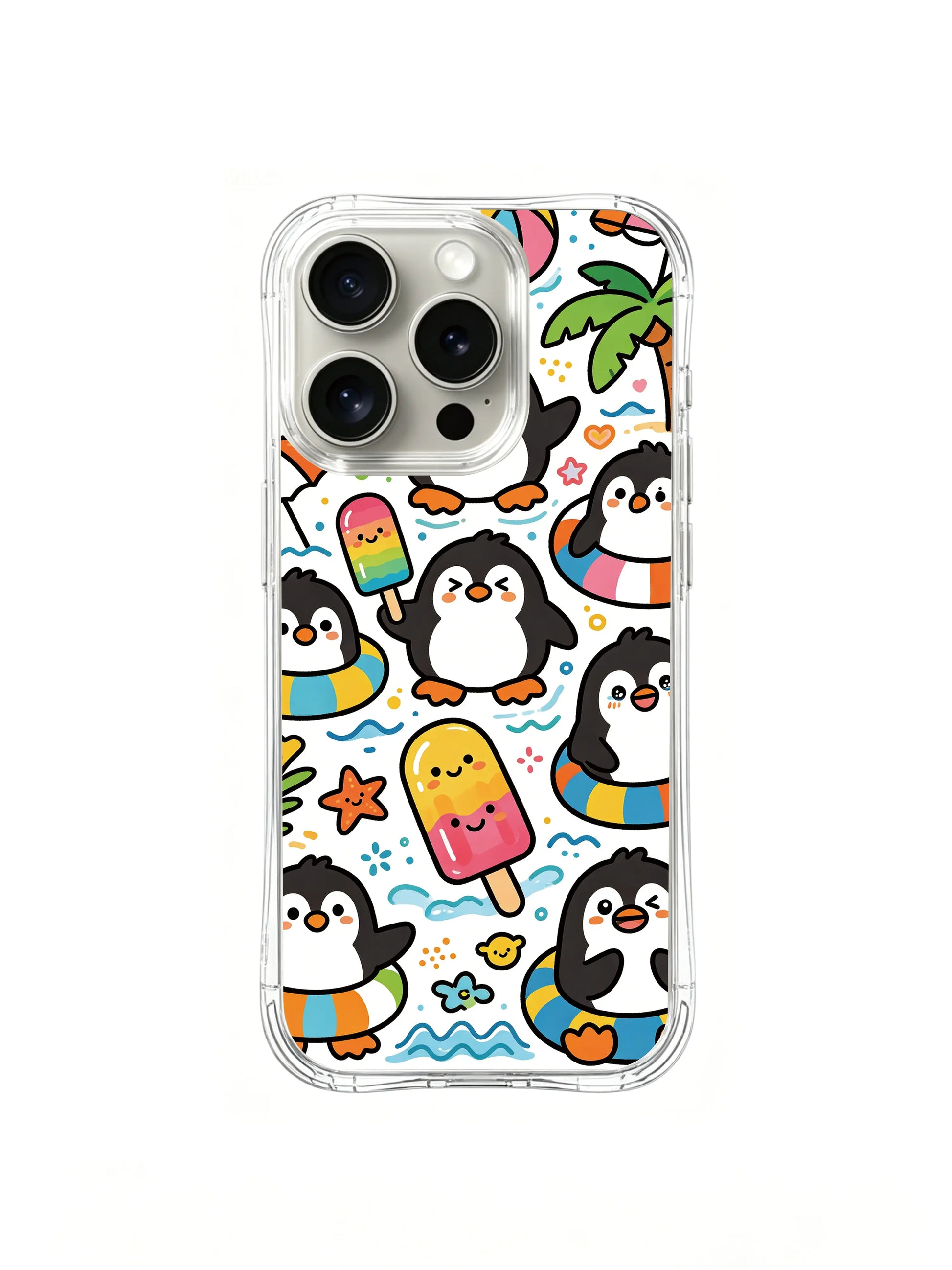 PhoneCasing iPhone 16 Pro Case with penguins eating rainbow popsicles, featuring Milo Yun’s Penguin Summer illustration, durable premium phone cover.