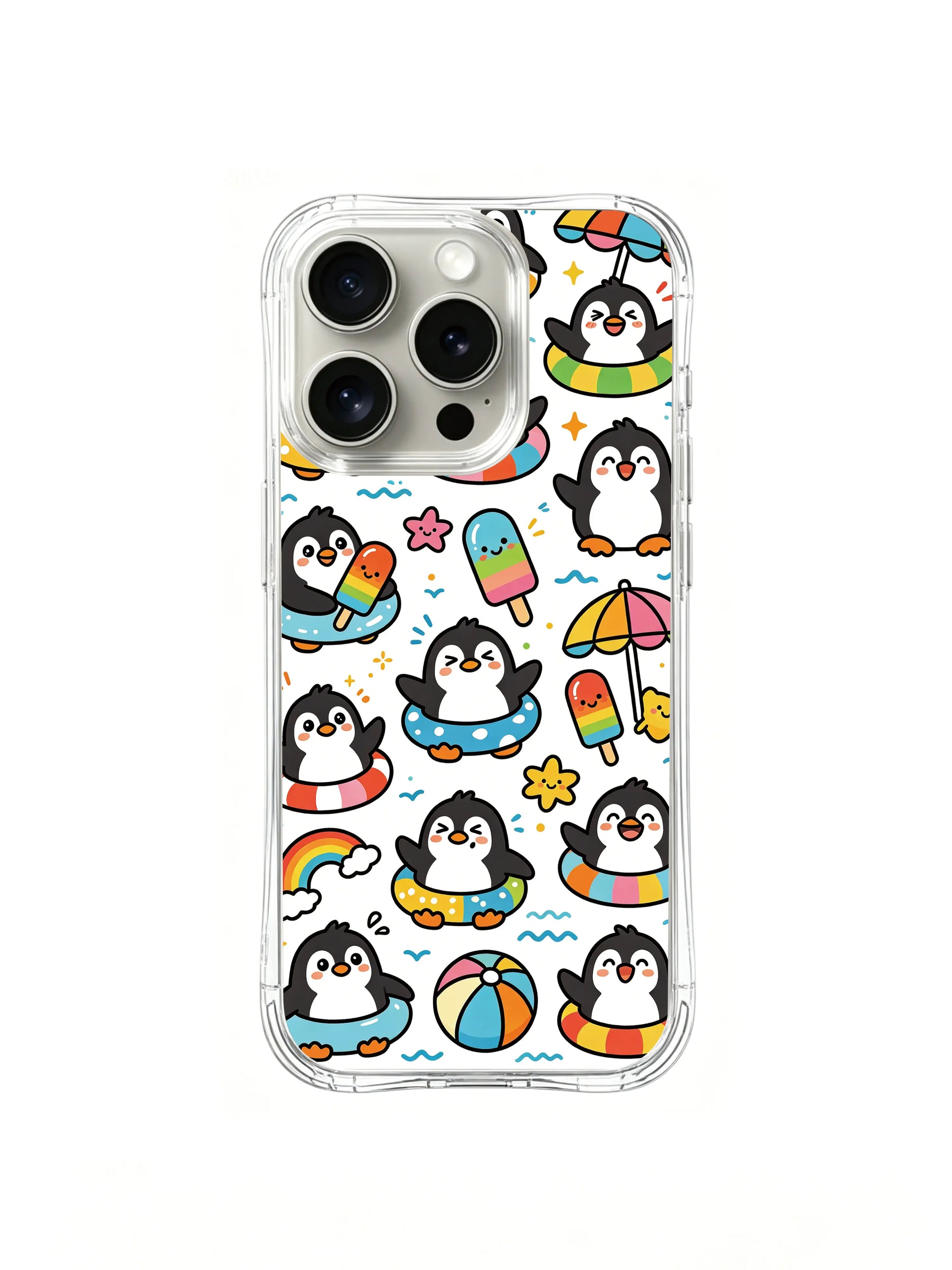 PhoneCasing iPhone 16 Pro Case with penguins under the smiling beach umbrella, featuring Milo Yun’s Penguin Summer art, scratch-resistant premium casing.