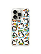 Penguin sunny day artwork on an iPhone 16 Pro case