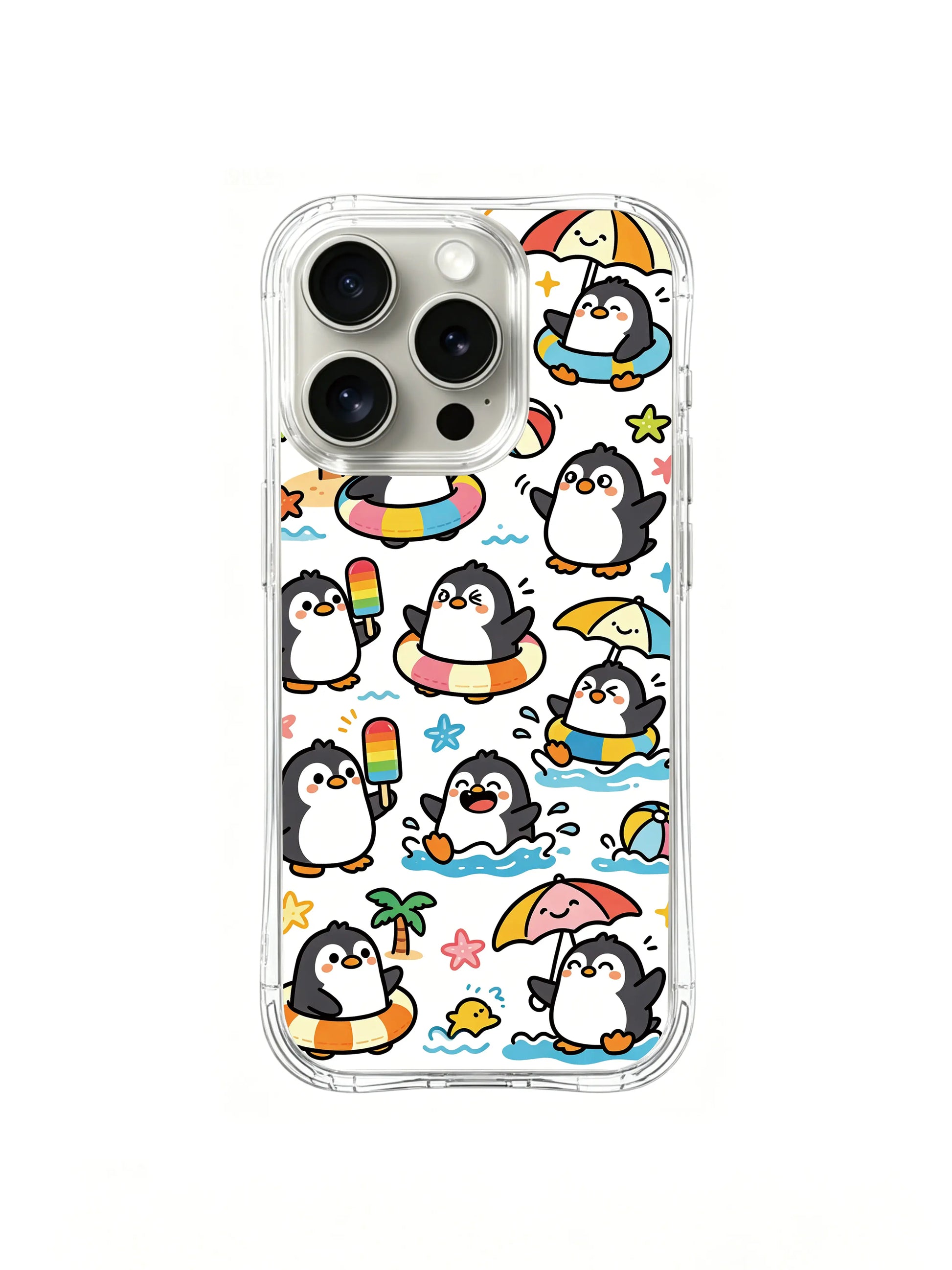 PhoneCasing iPhone 16 Pro Case with penguins in swim rings for their first summer, exclusive Milo Yun design, premium art case for iPhone 16 Pro.