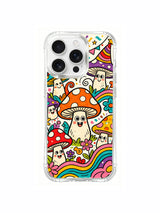 PhoneCasing iPhone 16 pro max Case, intricately detailed art casing with confetti dotted vines wrapping entire artwork perimeter, intertwining all marching clown fungi and surrounding wild blossoms, gallery licensed premium clear casing.