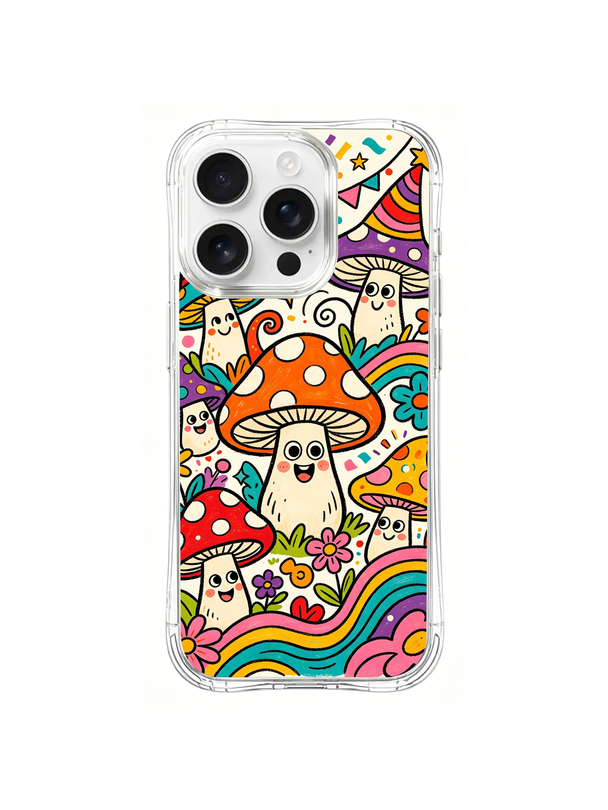 PhoneCasing iPhone 16 pro max Case, intricately detailed art casing with confetti dotted vines wrapping entire artwork perimeter, intertwining all marching clown fungi and surrounding wild blossoms, gallery licensed premium clear casing.