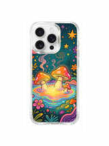 PhoneCasing iPhone 16 pro max Case, intricately detailed art casing with flower dotted vines wrapping full artwork edge, intertwining all soaking glowing fungi and surrounding wild blossoms, gallery licensed premium clear casing.