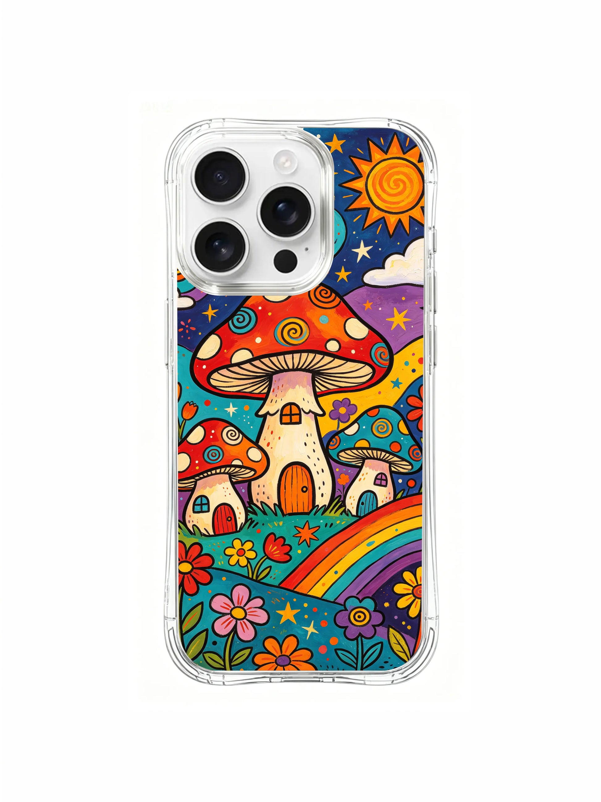 PhoneCasing iPhone 16 pro max Case, intricately detailed art casing with full-edge flower vine trim wrapping complete mushroom windmill village artwork, intertwining all cottage bases and surrounding wild blossoms, gallery-approved premium transparent casing.