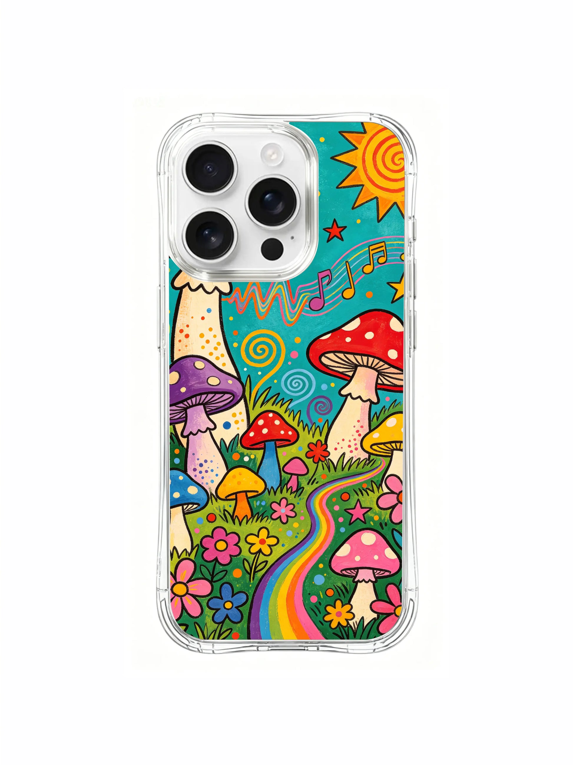 PhoneCasing iPhone 16 pro max Case, intricately detailed art casing with spiral dotted vines wrapping full artwork edge, intertwining singing fungi and surrounding wild blossoms, gallery licensed premium clear casing.