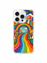 PhoneCasing iPhone 16 pro max Case, intricately detailed art casing with swirling spiral vines lining full artwork perimeter, winding decor interlaces rainbow arch frame and surrounding woodland mushroom foliage, gallery licensed premium clear casing.