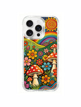 Spiral vines around flowers and mushrooms artwork on an iPhone 16 Pro Max case