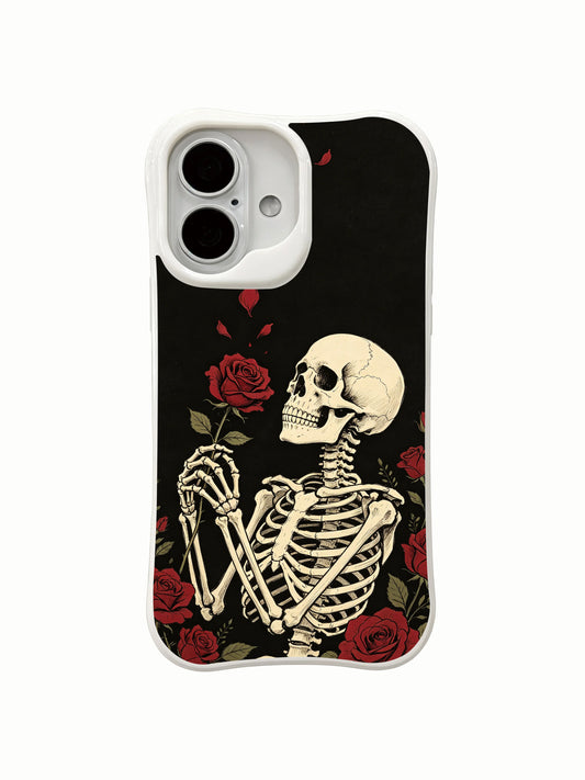 PhoneCasing petal drift immortal love skeleton iPhone 16 Case, solitary red rose held by bony hands with loose petals floating upward on dark base, fade resistant durable daily-use iPhone 16 casing